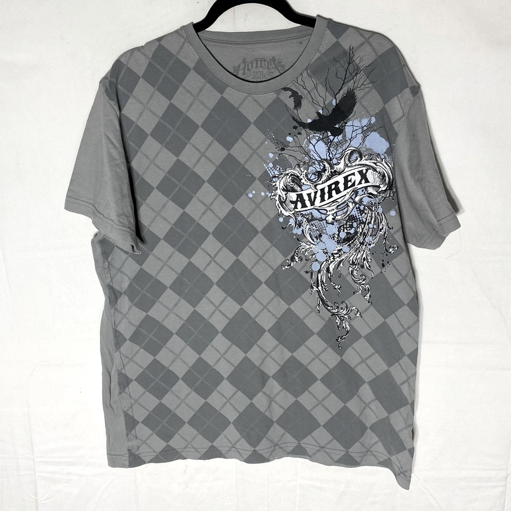 Avirex Grey Cotton Argyle Print Short Sleeve Crew Neck Graphic Tee T Shirt XL
